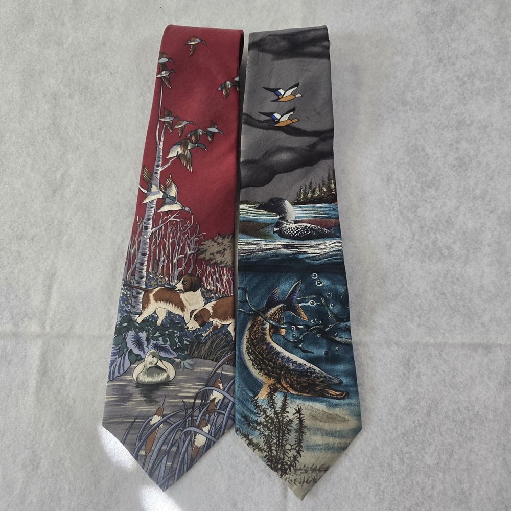 Lot of 2 Wildlife Novelty Neckties Field & Stream Reed St James Ducks Loon Fish